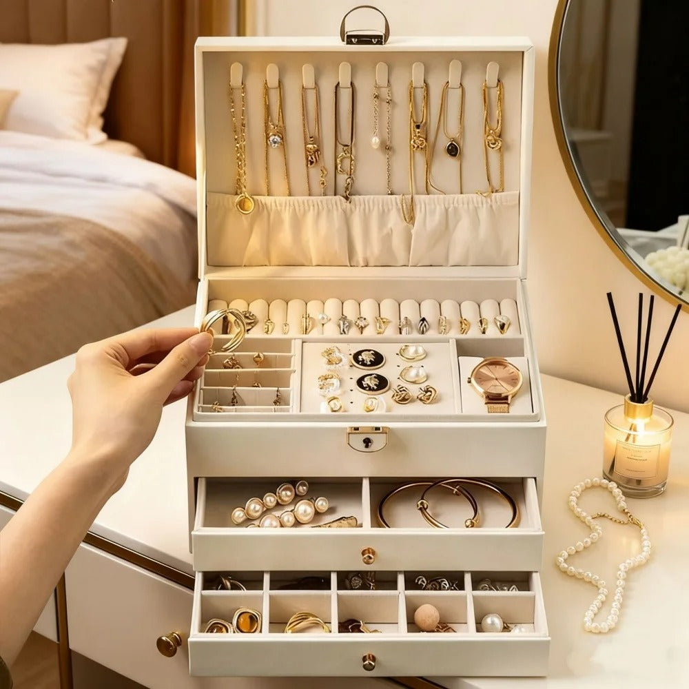 Boîte Bijoux Velours Tiroirs Serrure 2 Étages