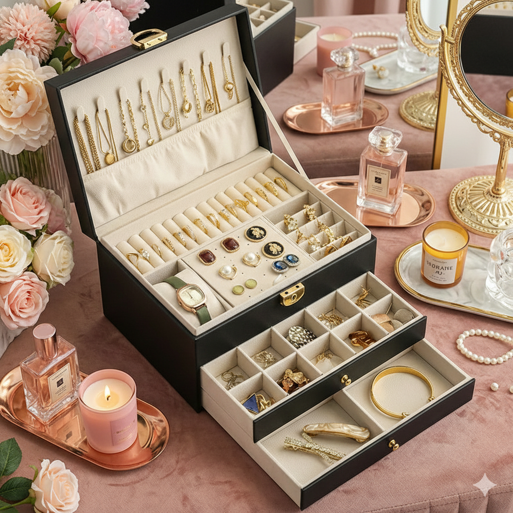 Boîte Bijoux Velours Tiroirs Serrure 2 Étages