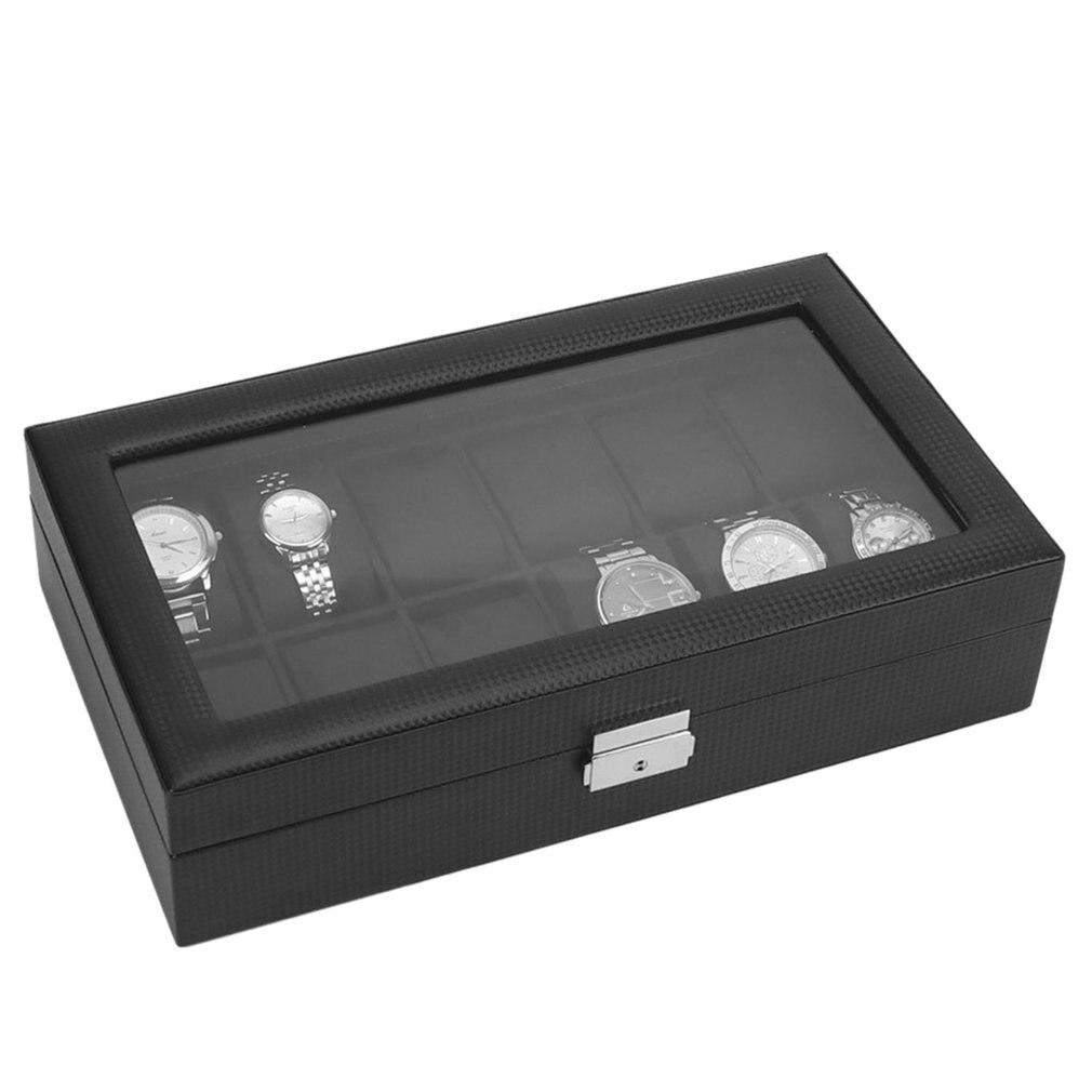 Boîte Montre Fibre Carbone Noir 12 Slots Serrure Vitrée