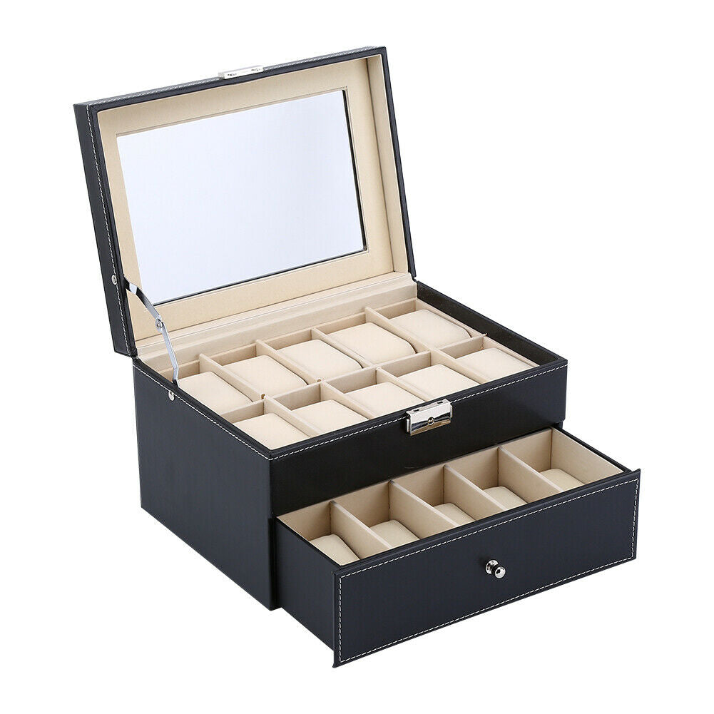Boîte Montre Simili Cuir Noir 20 Slots Vitrée Tiroir