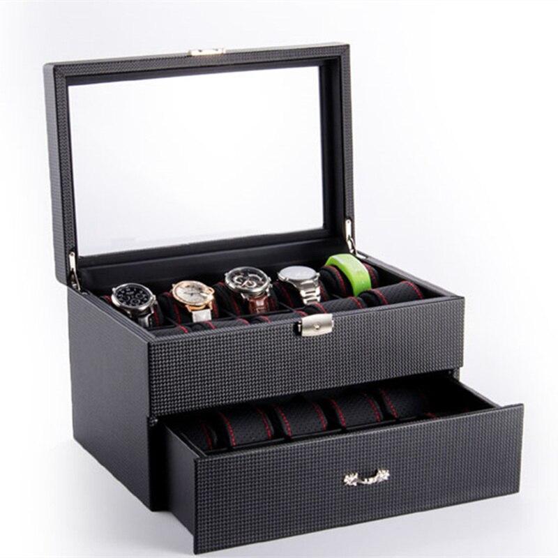 Boîte Montre Carbone Bois 20 Places Tiroir