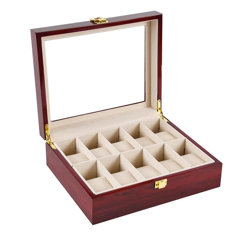 Boîte Montre Bois Rouge Verre 10 Places