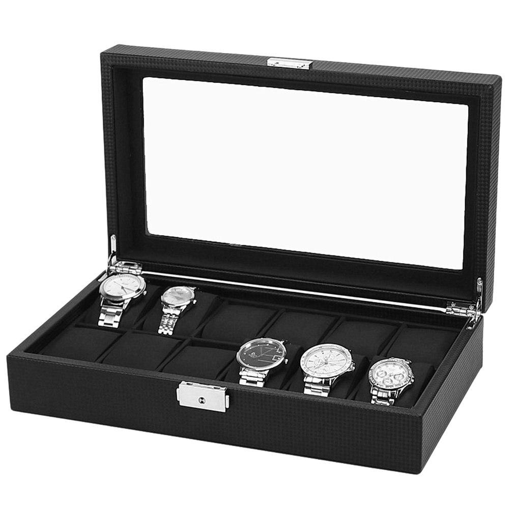Boîte Montre Fibre Carbone Noir 12 Slots Serrure Vitrée