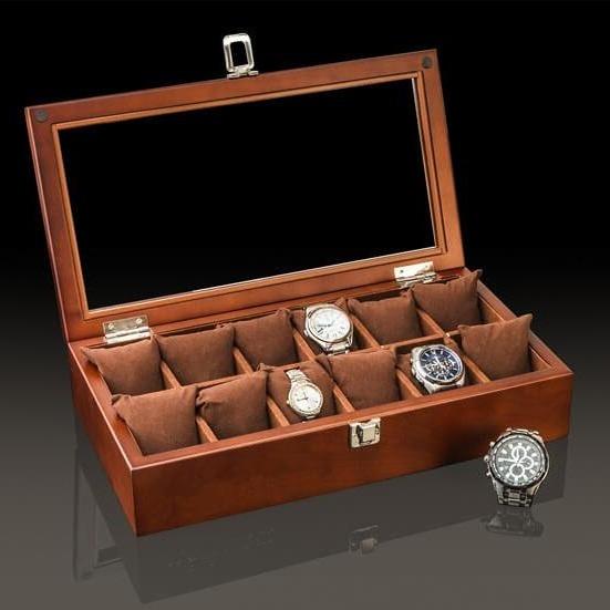 Boîte Montre Bois Marron 12 Slots Vitre Serrure