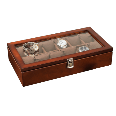 Boîte Montre Bois Marron 12 Slots Vitre Serrure