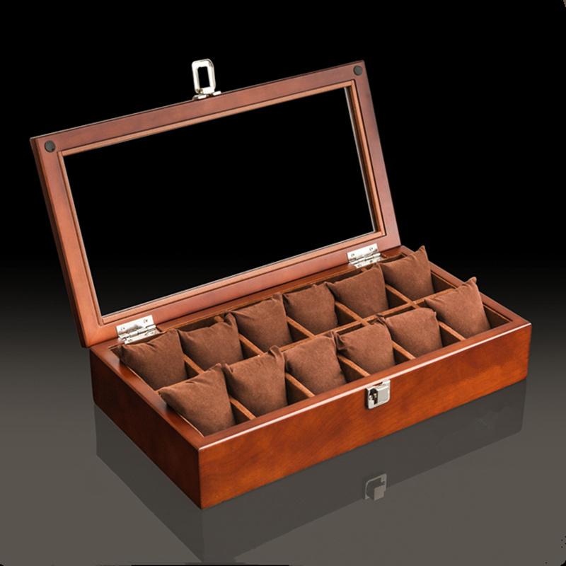 Boîte Montre Bois Marron 12 Slots Vitre Serrure