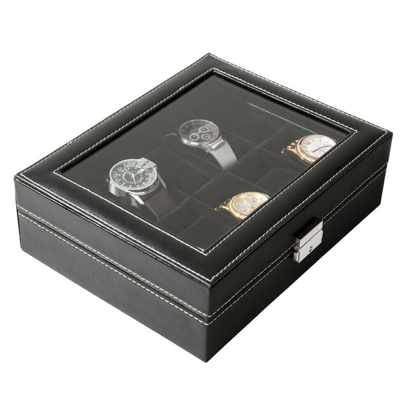 Boîte à Montres Cuir Noir 10 Places Vitrée à Clé