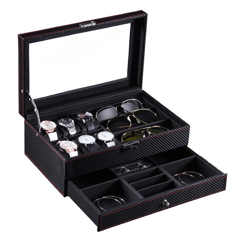 Coffret Montre Carbone Noir 6 Slots Tiroir Lunettes
