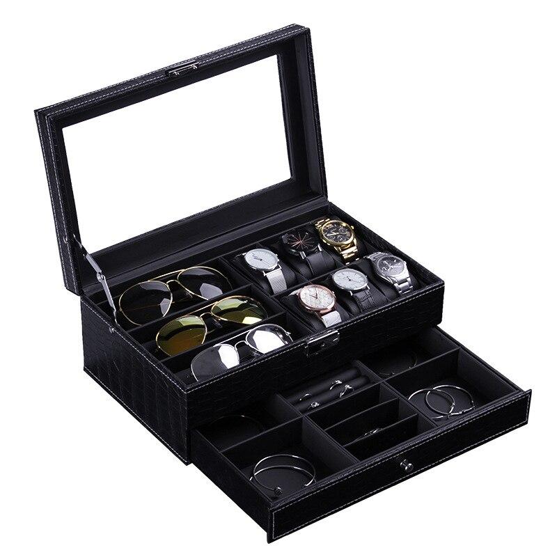 Coffret Montre Cuir Crocodile Noir 6 Slots Tiroir