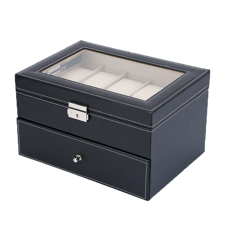 Boîte Montre Simili Cuir Noir 20 Slots Vitrée Tiroir
