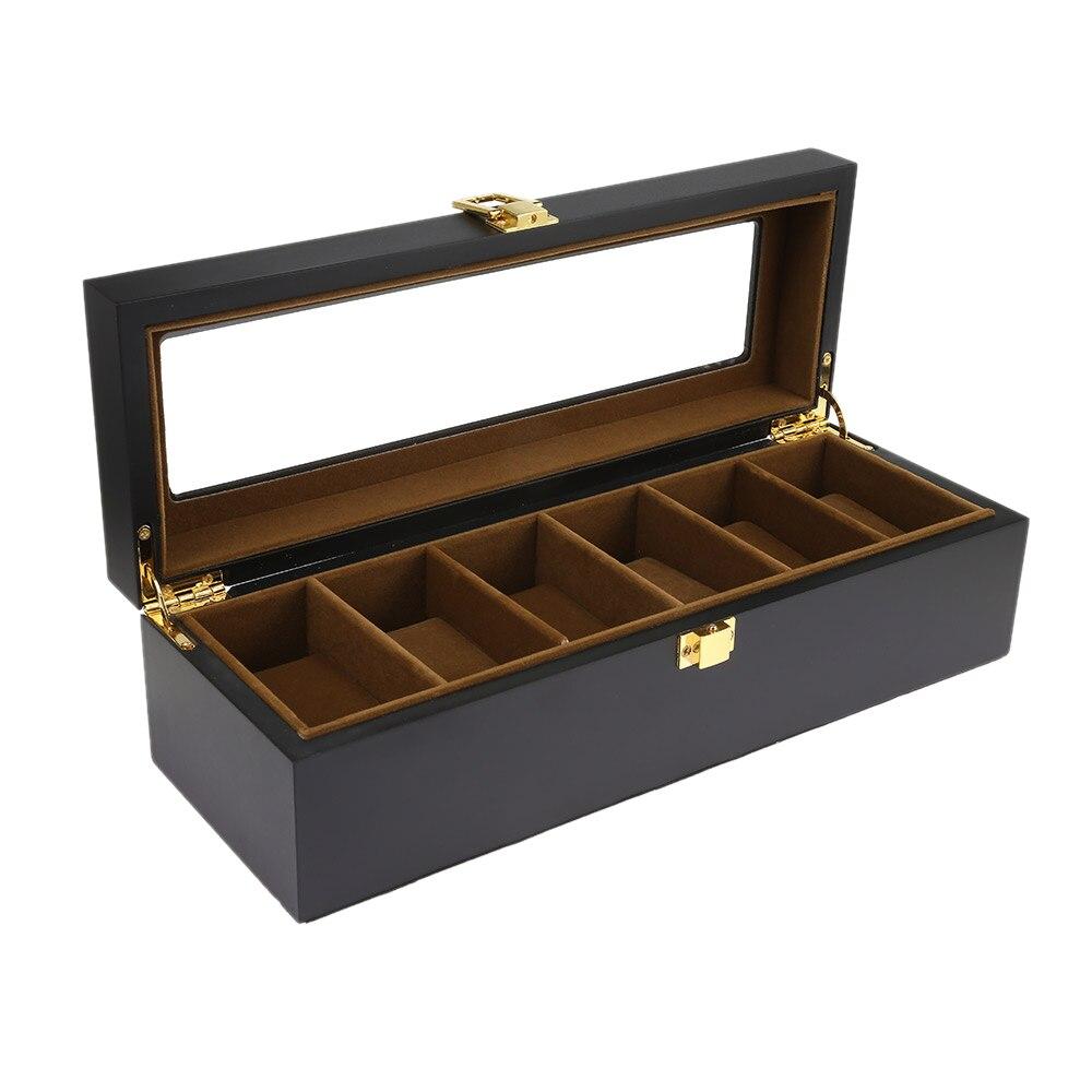 Boîte Montre Bois Noir Mat 6 Slots Daim
