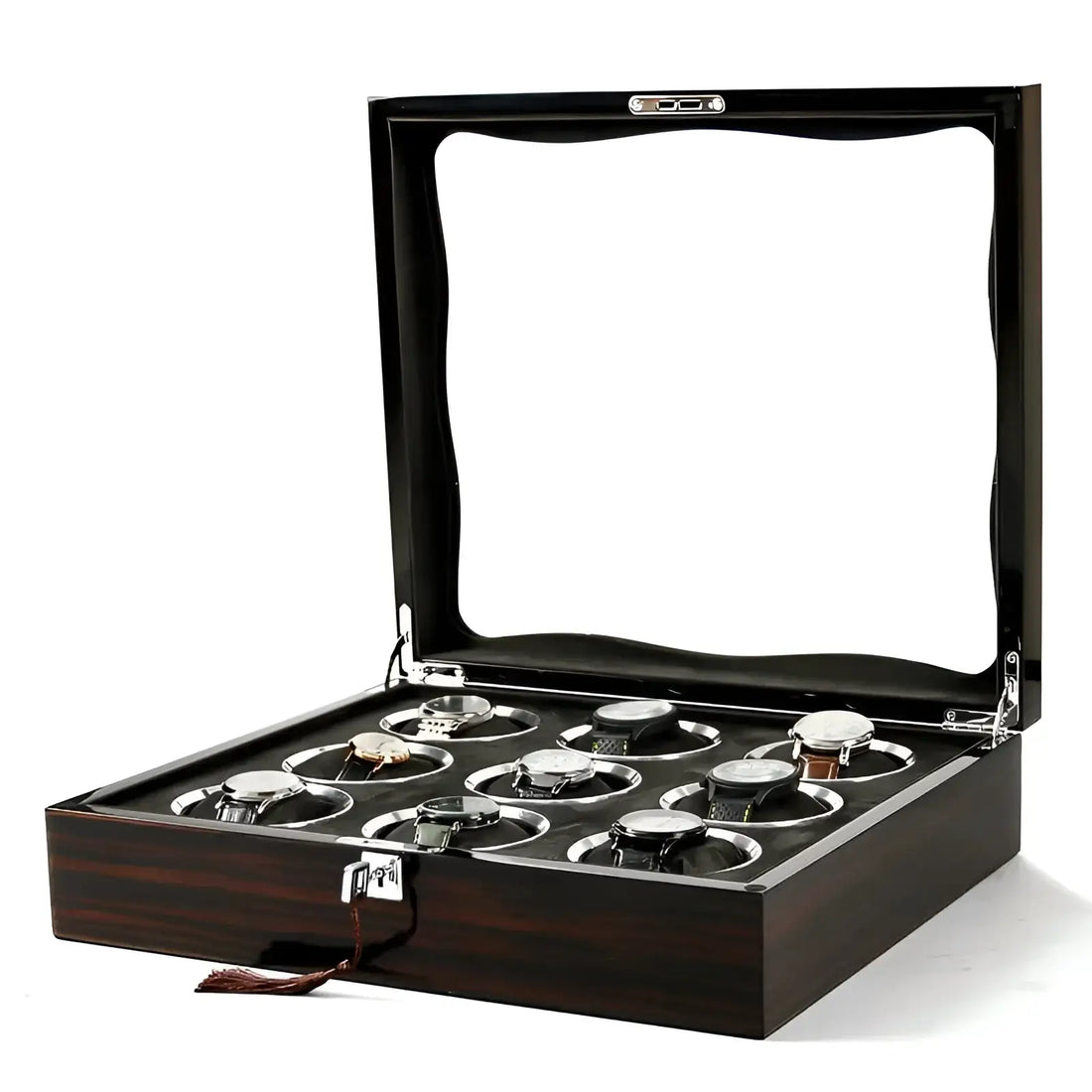 Boîte à Montres Bois Verni 9 Places Vitrée avec Serrure