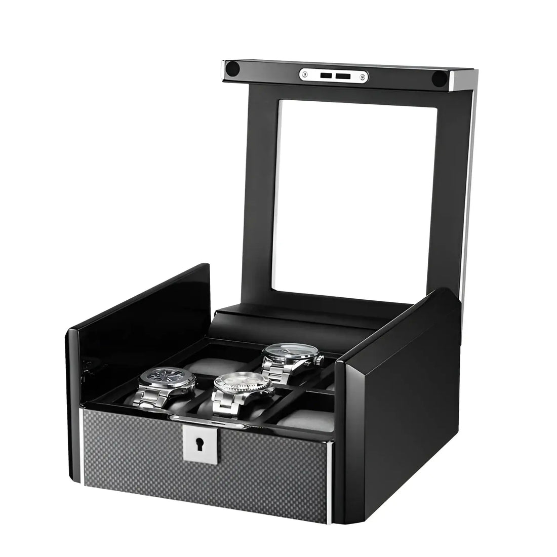 Boîte à montres noire 6 places – façade effet carbone, ouverte avec montres