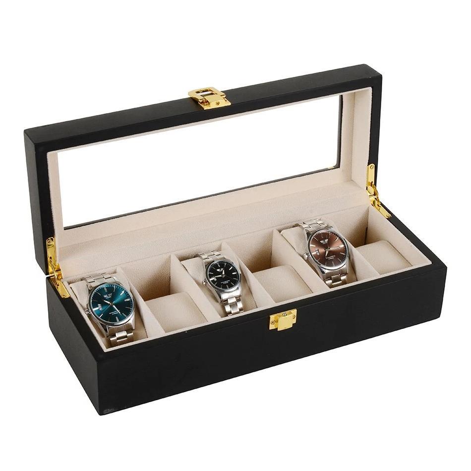 Boîte Montres Bois Noir Velours 6 Places