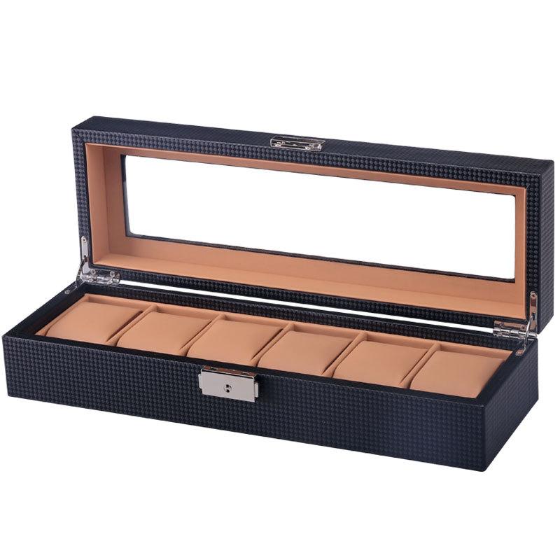 Boîte Montre Fibre Carbone Noir 6 Slots Cuir