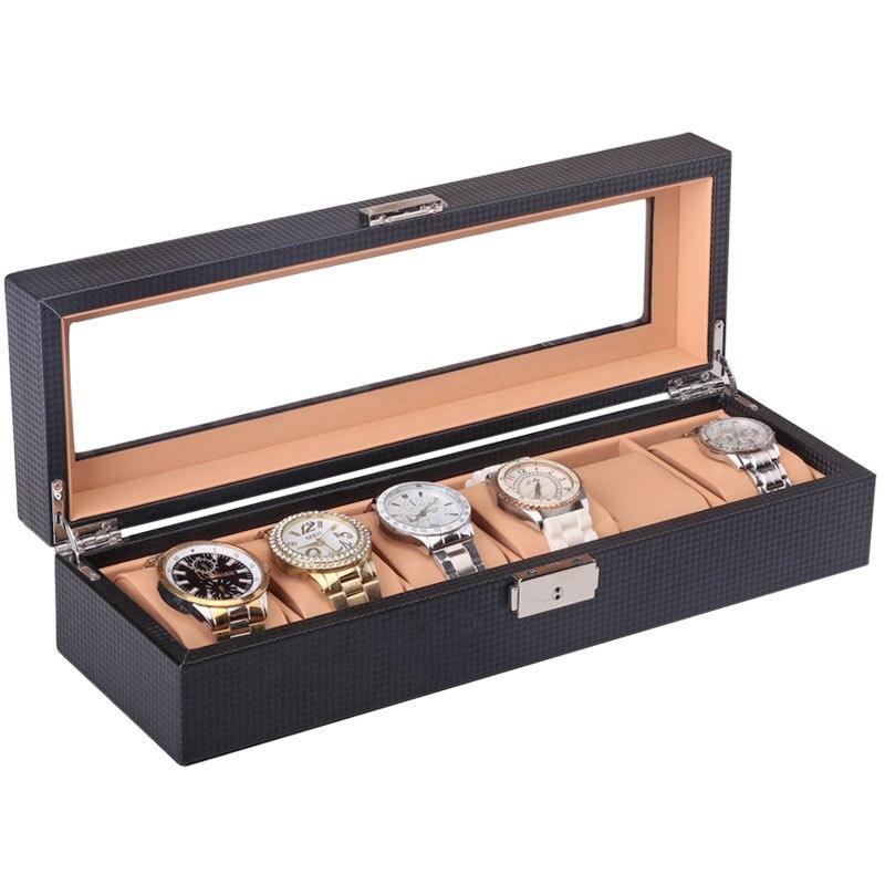 Boîte Montre Fibre Carbone Noir 6 Slots Cuir