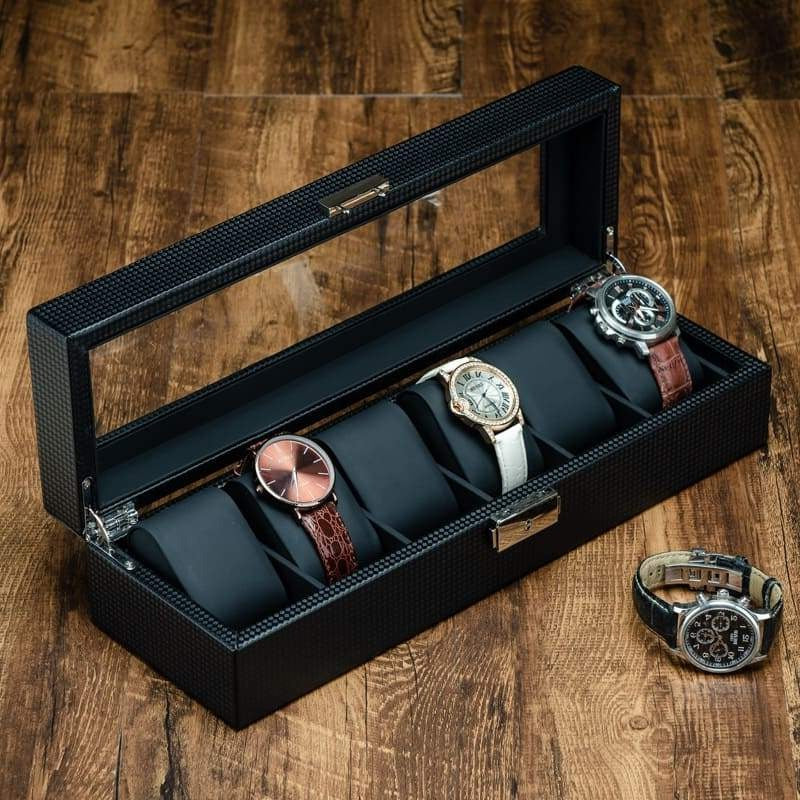 Boîte Montre Bois Carbone Velours 6 Slots
