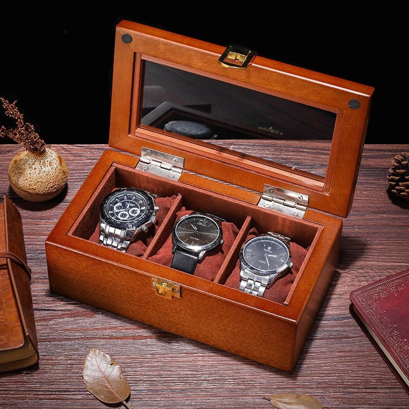 Boîte Montre Bois 3 Places Velours Vitrée