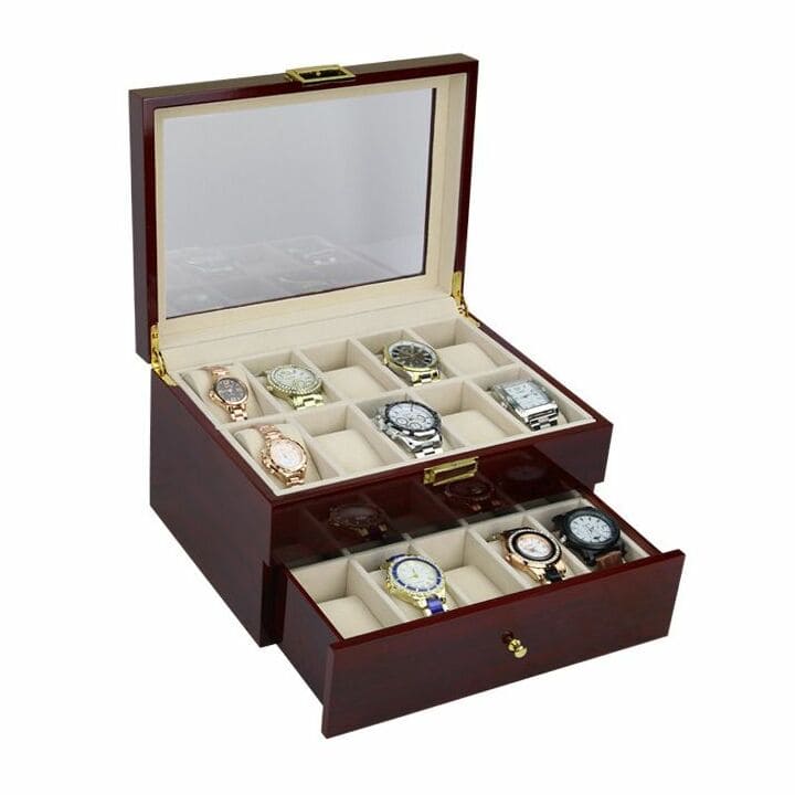 Coffret Montre Bois Marron 20 Slots Tiroir Velours