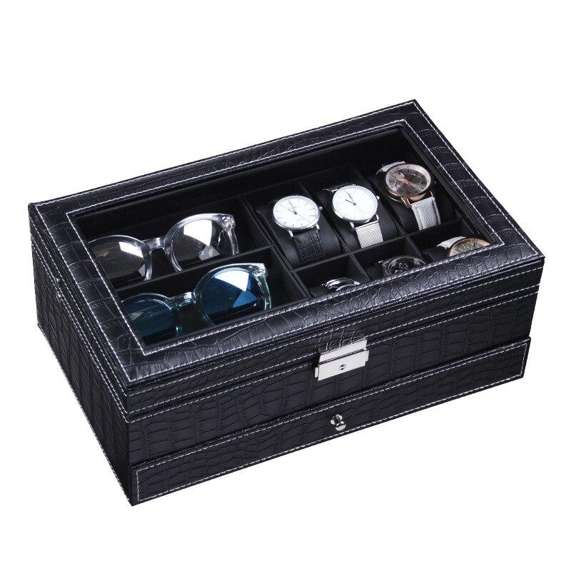 Coffret Montre Cuir Crocodile Noir 6 Slots Tiroir