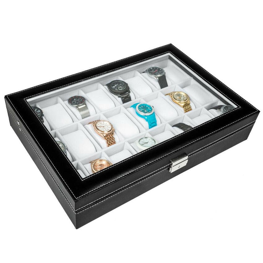 Boîte à Montres Cuir Noir 24 Places Vitrée à Clé
