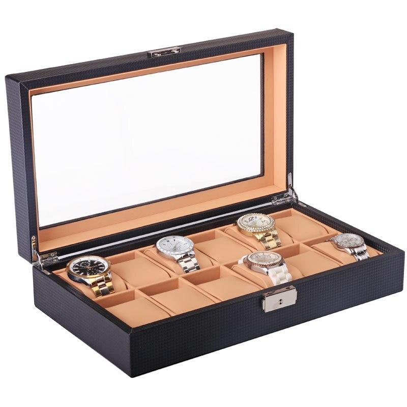 Coffret Montre Fibre Carbone Noir 12 Slots Vitré Serrure