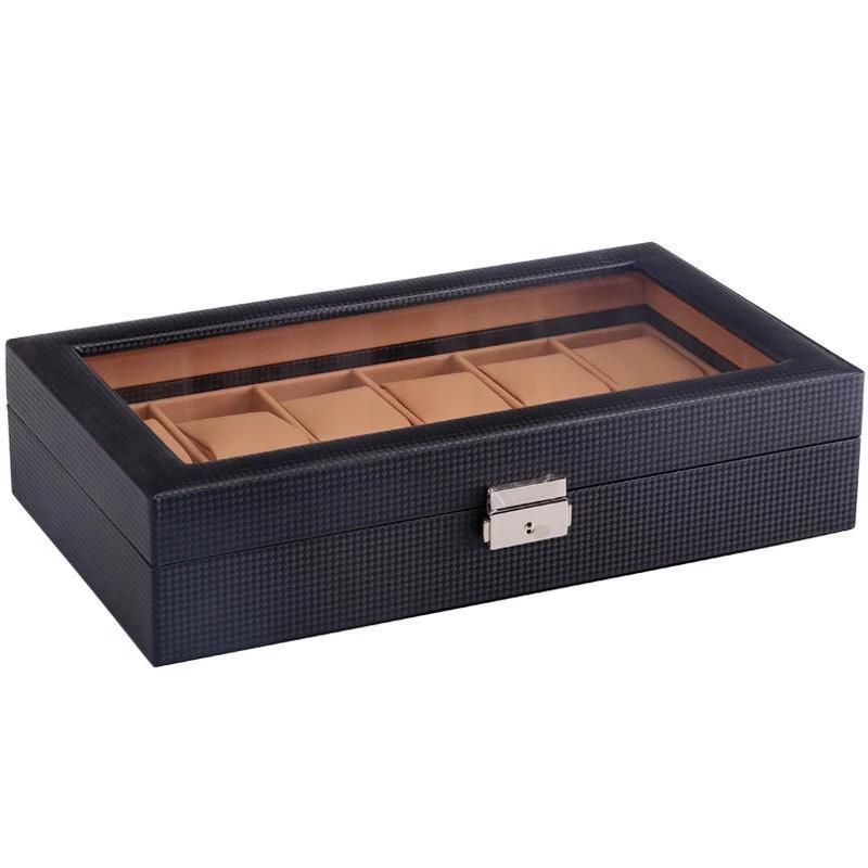 Coffret Montre Fibre Carbone Noir 12 Slots Vitré Serrure
