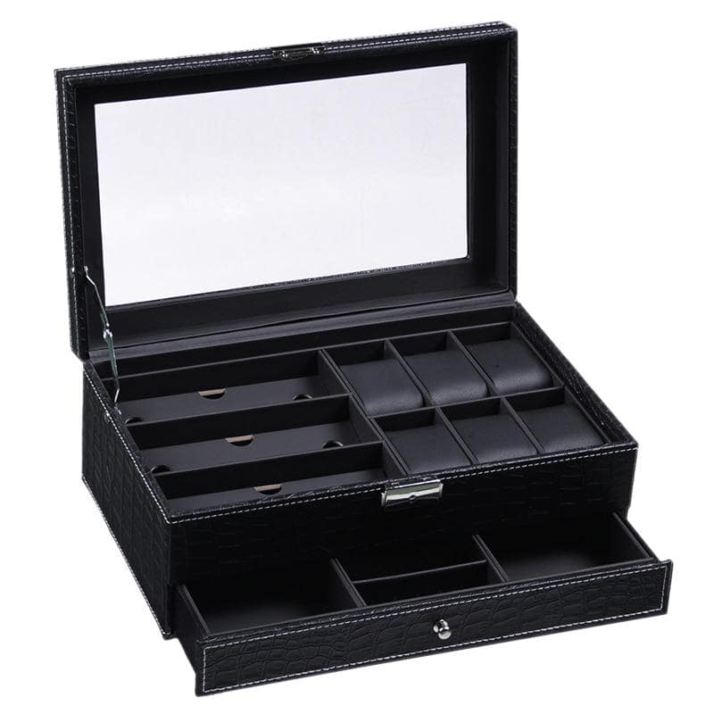 Coffret Montre Cuir Crocodile Noir 6 Slots Tiroir