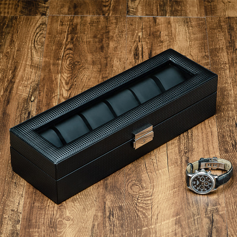 Boîte Montre Bois Carbone Velours 6 Slots