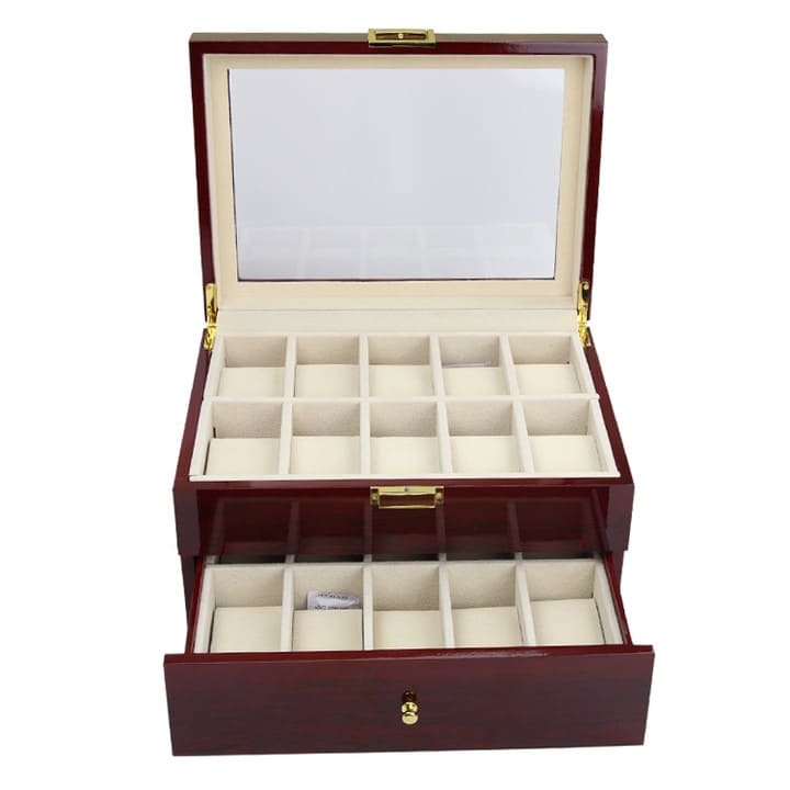 Coffret Montre Bois Marron 20 Slots Tiroir Velours