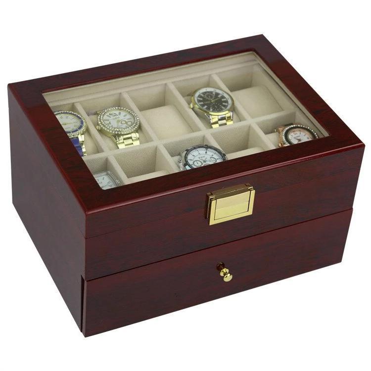 Coffret Montre Bois Marron 20 Slots Tiroir Velours