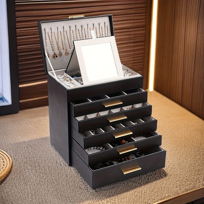 Boîte à Bijoux Cuir 5 Tiroirs Miroir Luxe