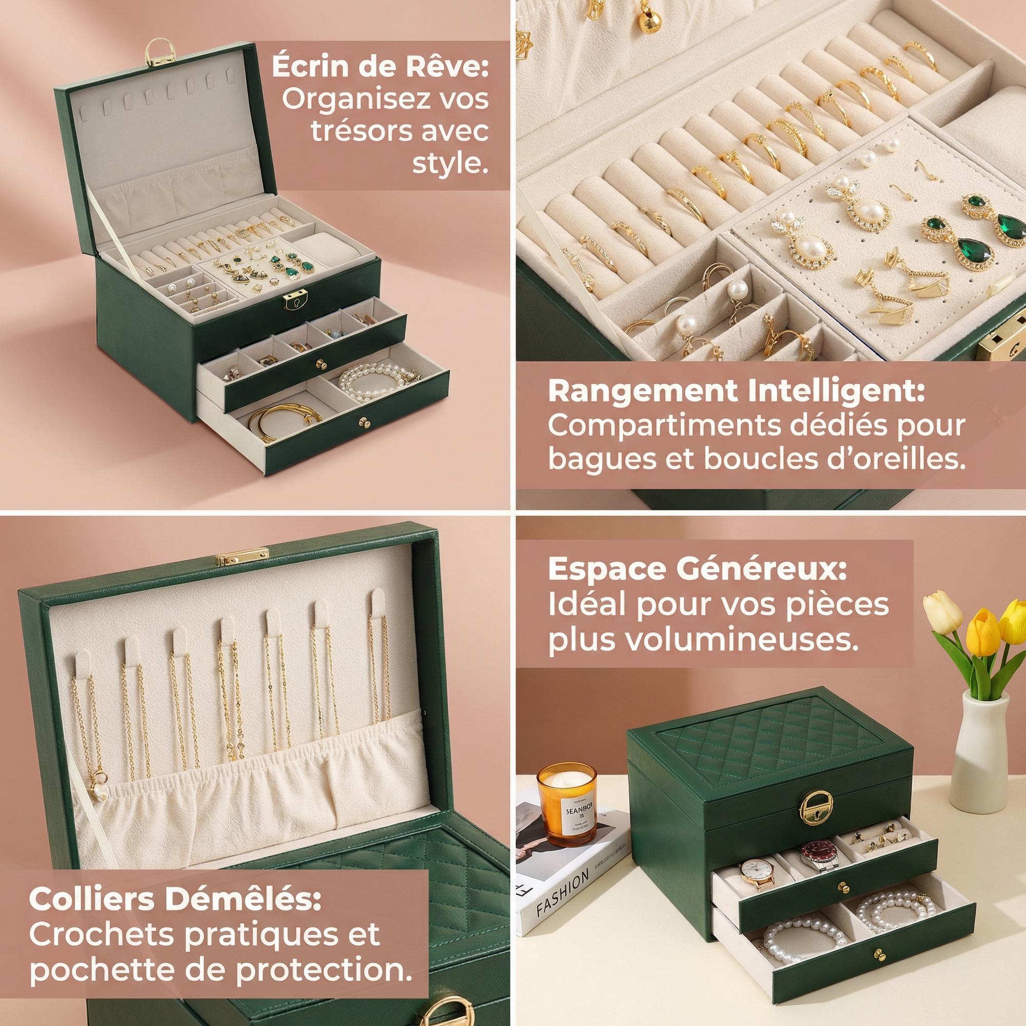 Boîte Bijoux Velours Tiroirs Serrure 2 Étages