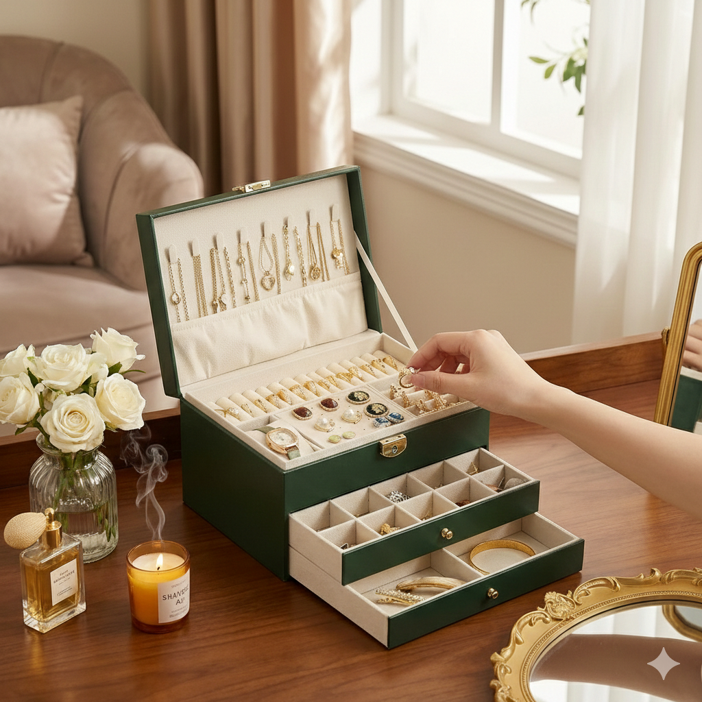 Boîte Bijoux Velours Tiroirs Serrure 2 Étages