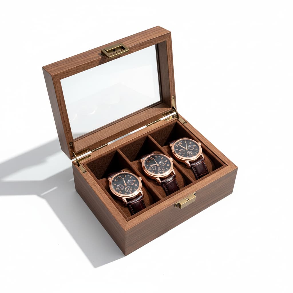 Boîte Montres Bois Noyer Vitrine Table