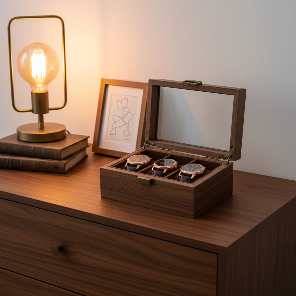 Boîte Montres Bois Noyer Vitrine Table