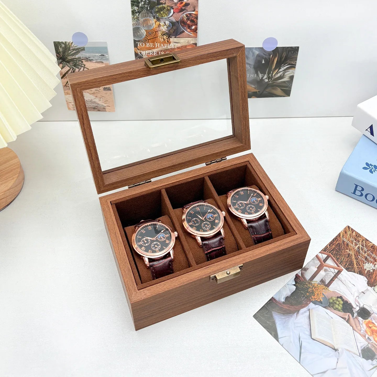 Boîte Montres Bois Noyer Vitrine Table