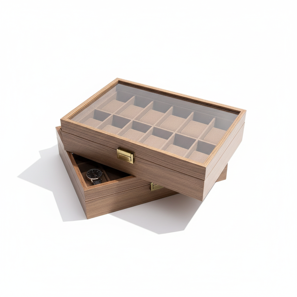 Boîte Montres Bois Noyer Vitrine Table