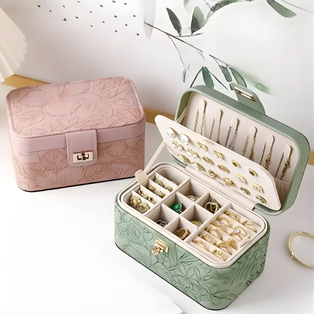 Boîte Bijoux Cuir Floral Vert Modulable