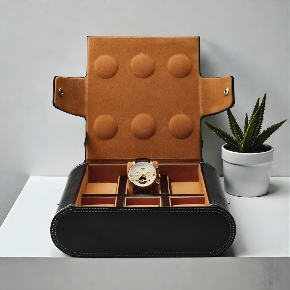 Boîte Montre Cuir Noir Velours Camel