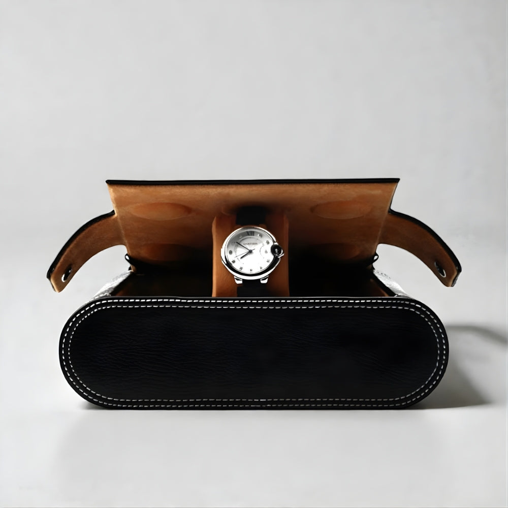 Boîte Montre Cuir Noir Velours Camel