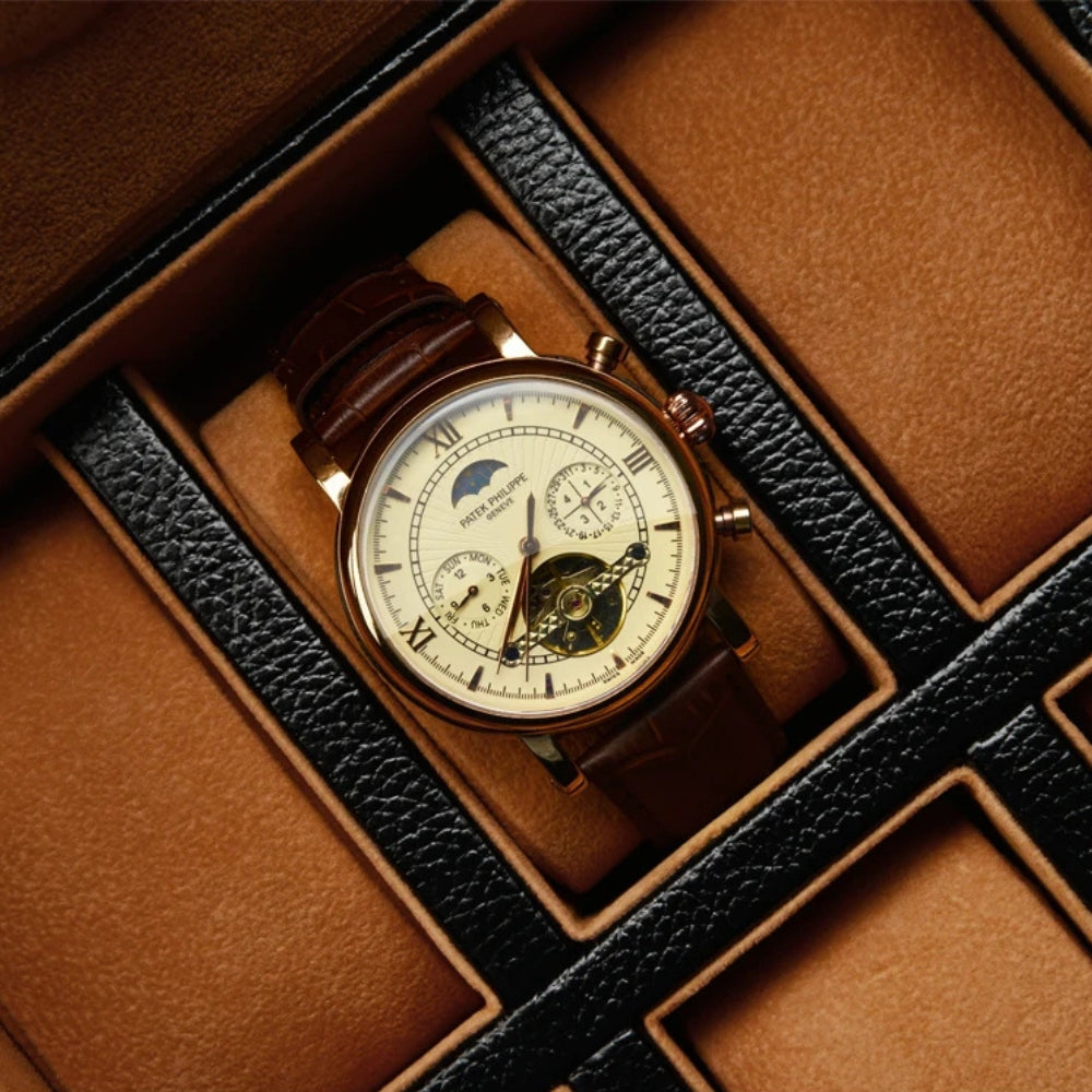 Boîte Montre Cuir Noir Velours Camel