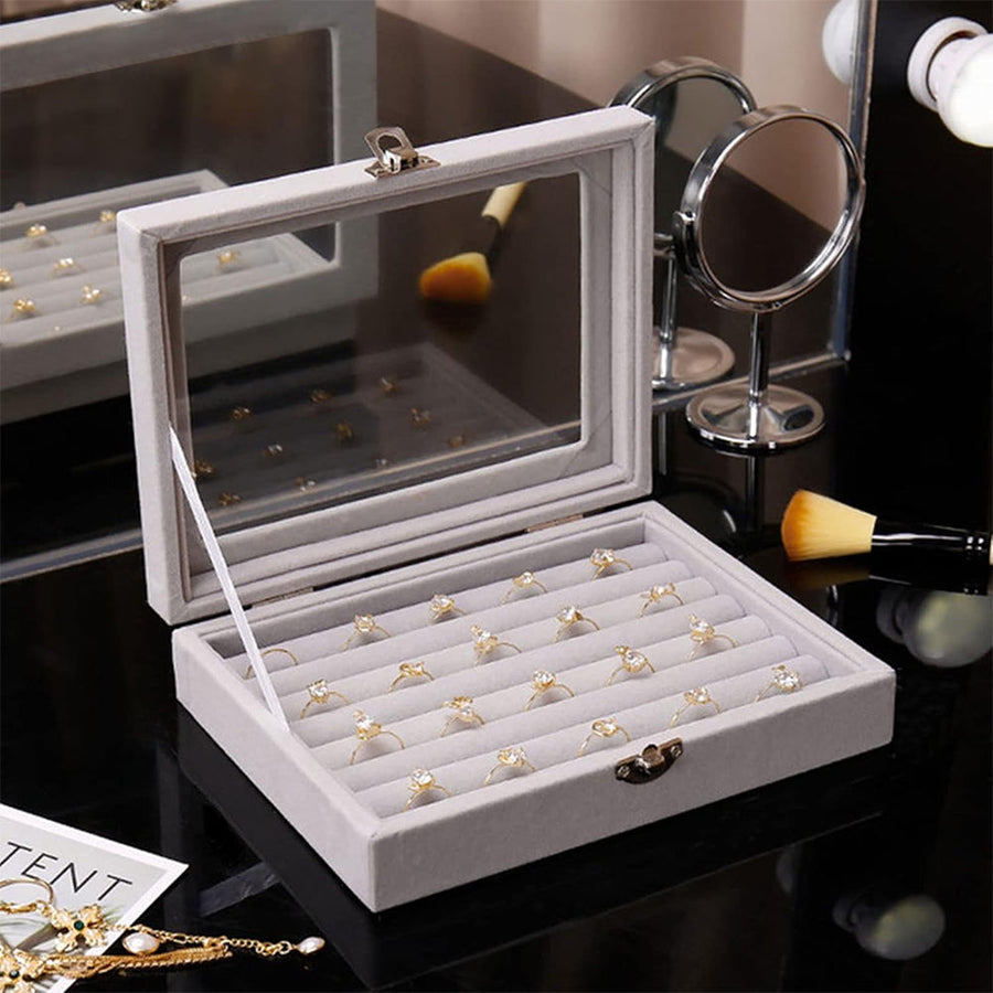 Boîte à Bagues Velours Compacte avec Couvercle Vitré