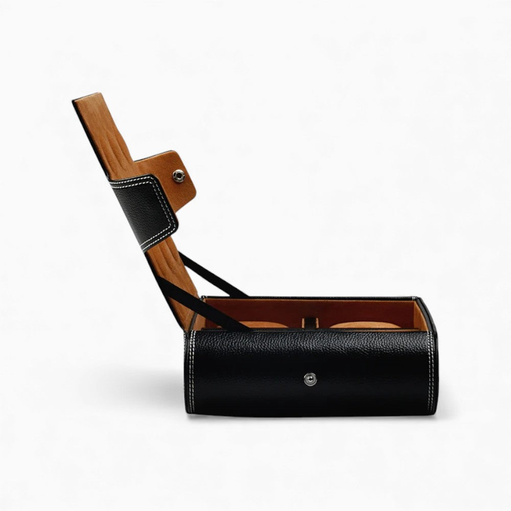 Boîte Montre Cuir Noir Velours Camel