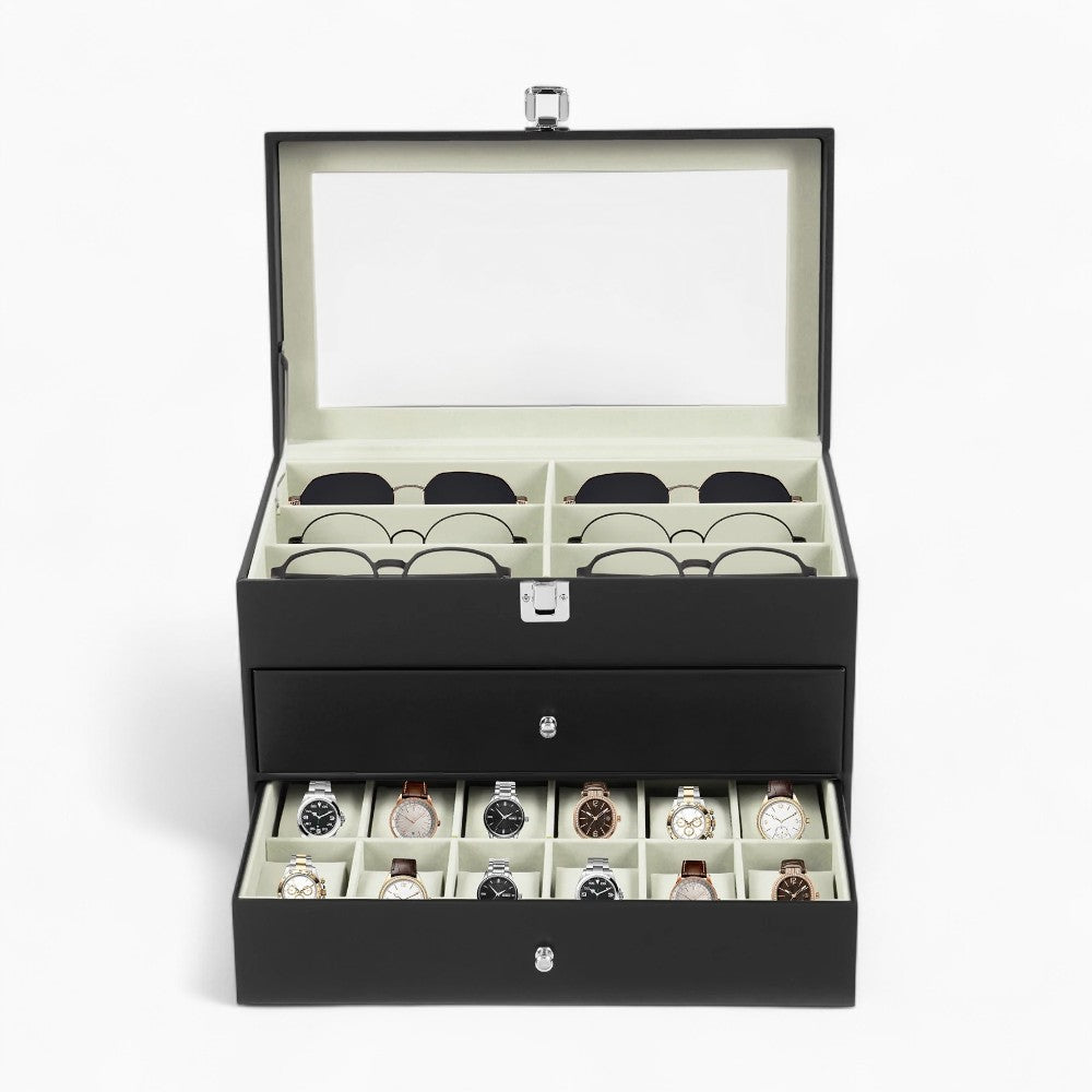 Coffret Montres Lunettes Bois Verre 24 Slots