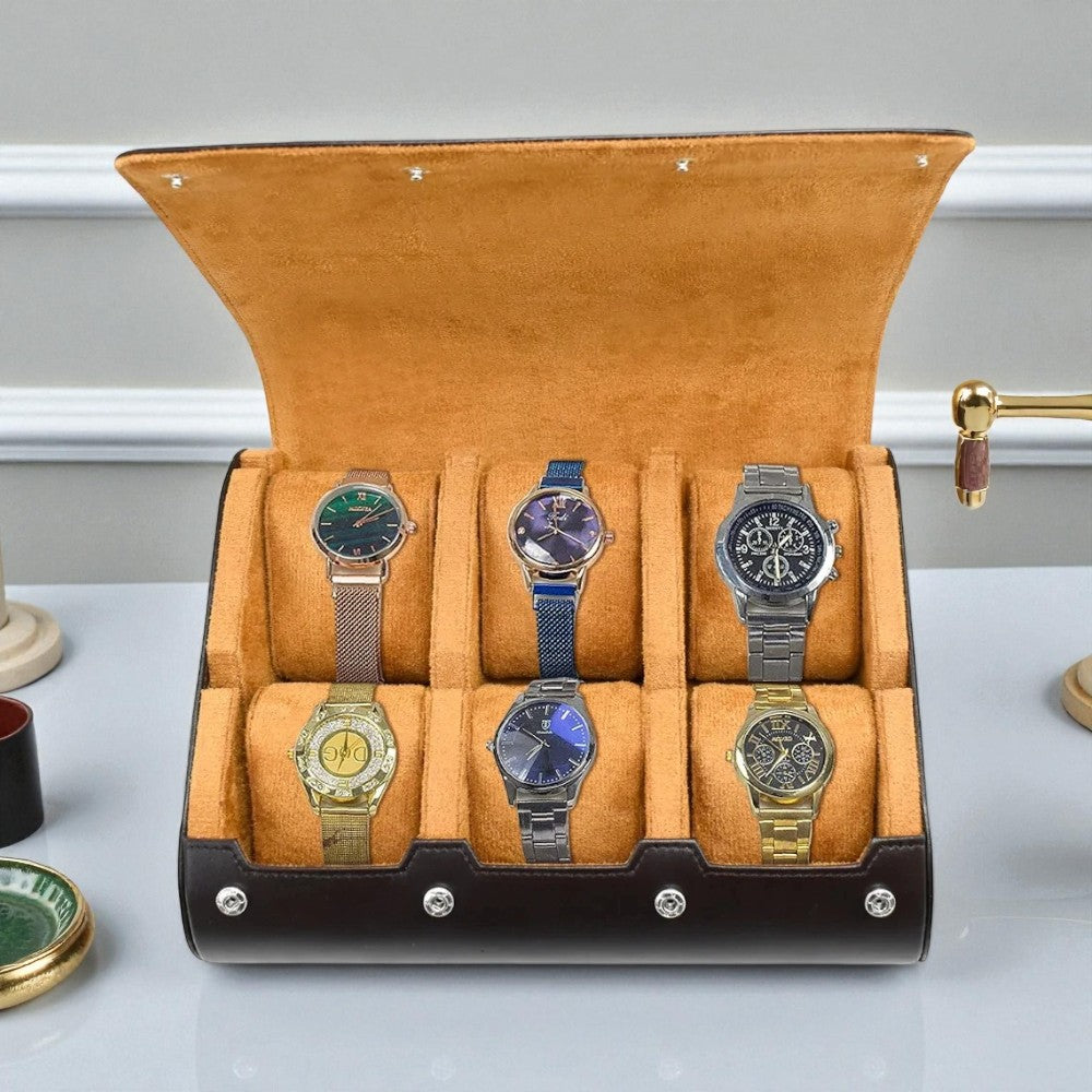 Étui Montre Cuir Velours 6 Slots Portable