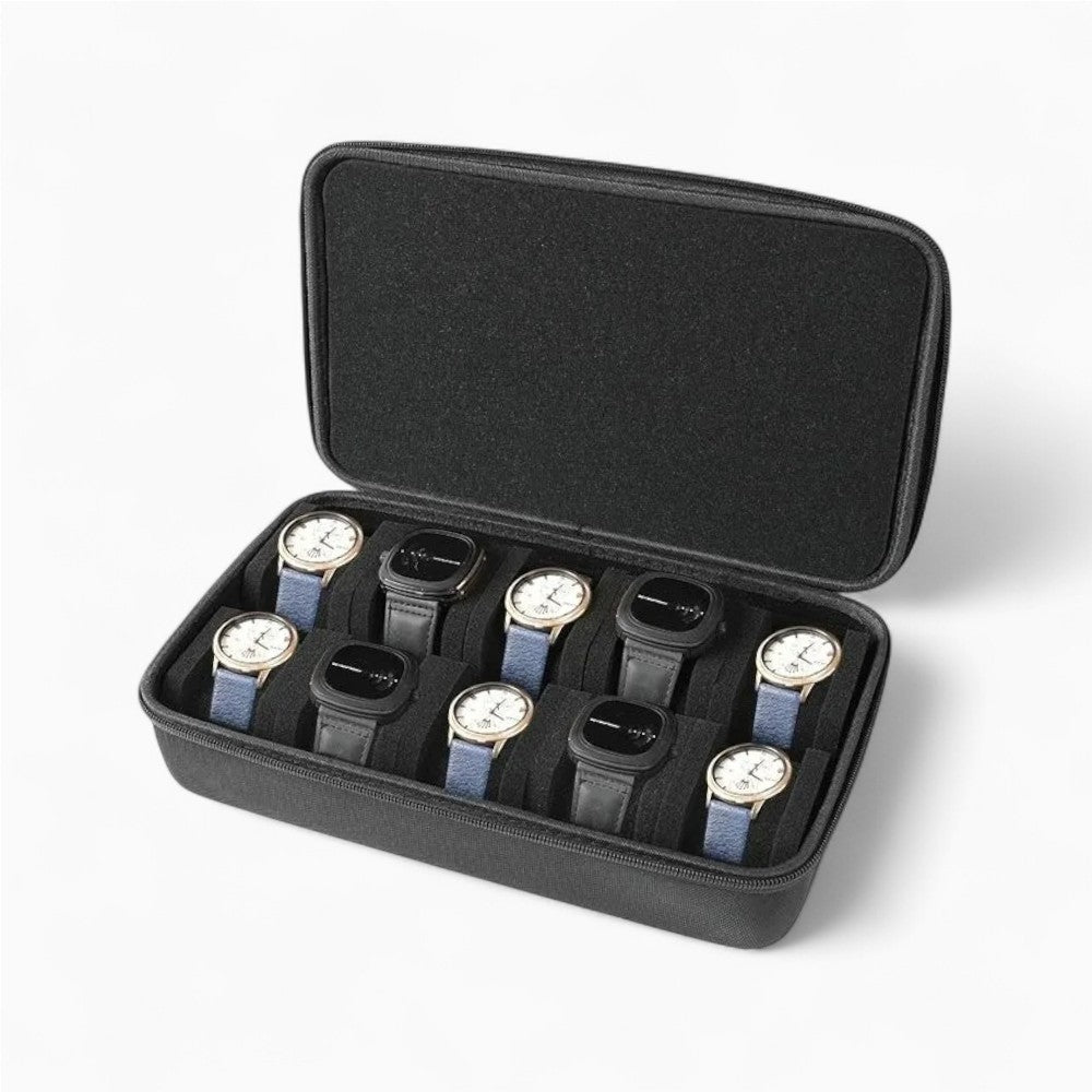 Étui Montre Voyage Cuir Noir Compact 10 Slots