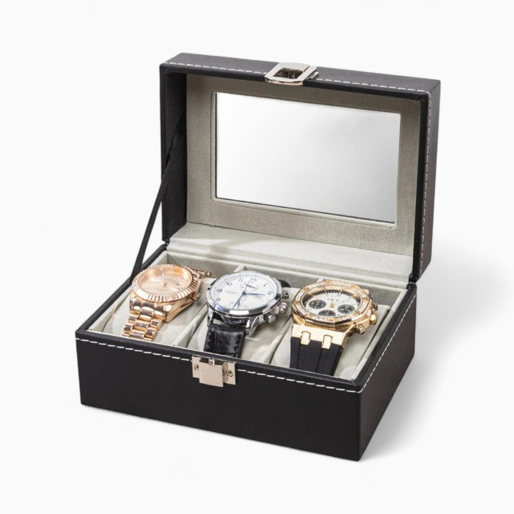 Étui Montre Cuir Noir 3 Slots Coffret