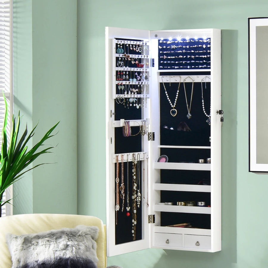 Armoire à Bijoux Murale avec Miroir LED Blanche et Serrure