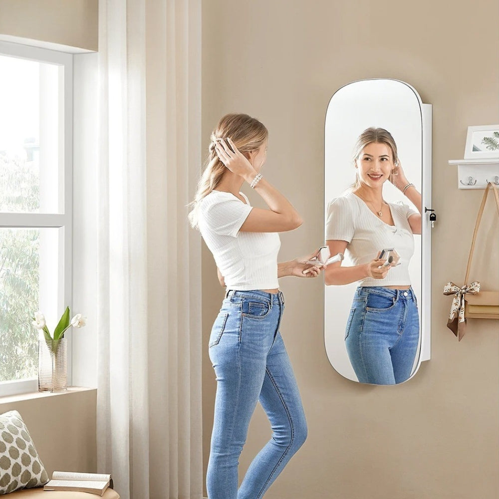 Boîte à Bijoux Murale Métal Miroir LED Blanche